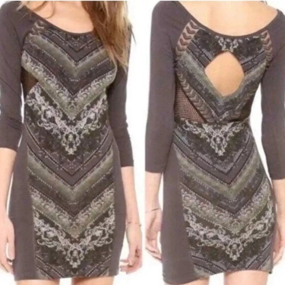 Free People Large Mini Dress Out Of Africa Bodycon Charcoal Lace & Mesh Panels